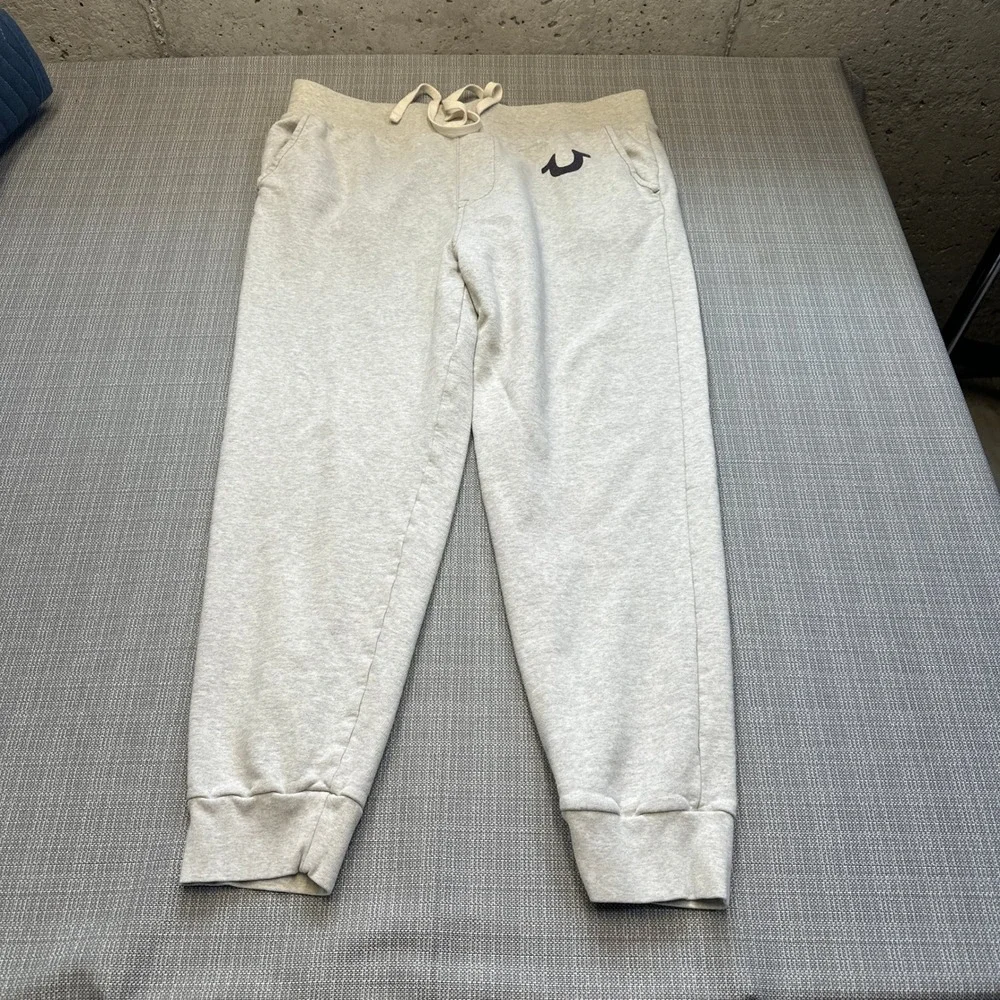 True Religion Joggers Mens XL Heather Gray Cotton Sweatpants Logo Drawstring‎